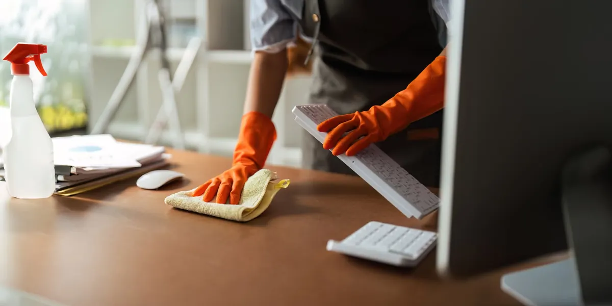 Préposée essuyant un poste de travail de bureau