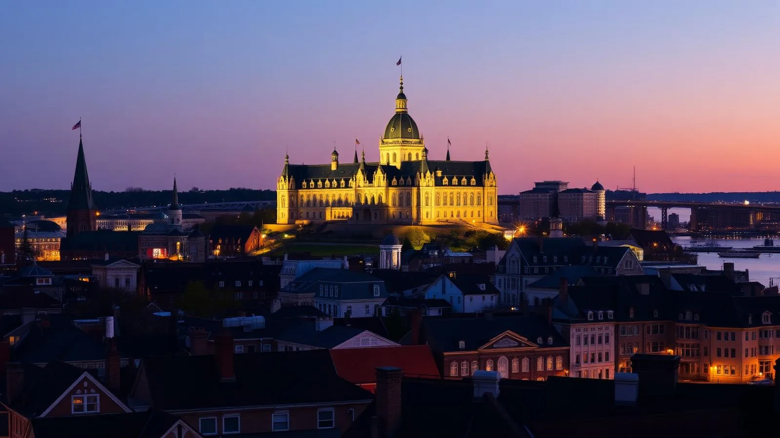 Le Château Frontenac et les toits du Vieux-Québec au crépuscule